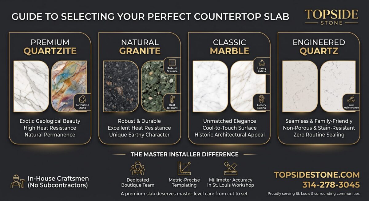 Guide to selecting countertop slabs by Topside Stone in St. Louis, comparing quartzite, granite, marble, and engineered quartz by durability, heat resistance, and maintenance.