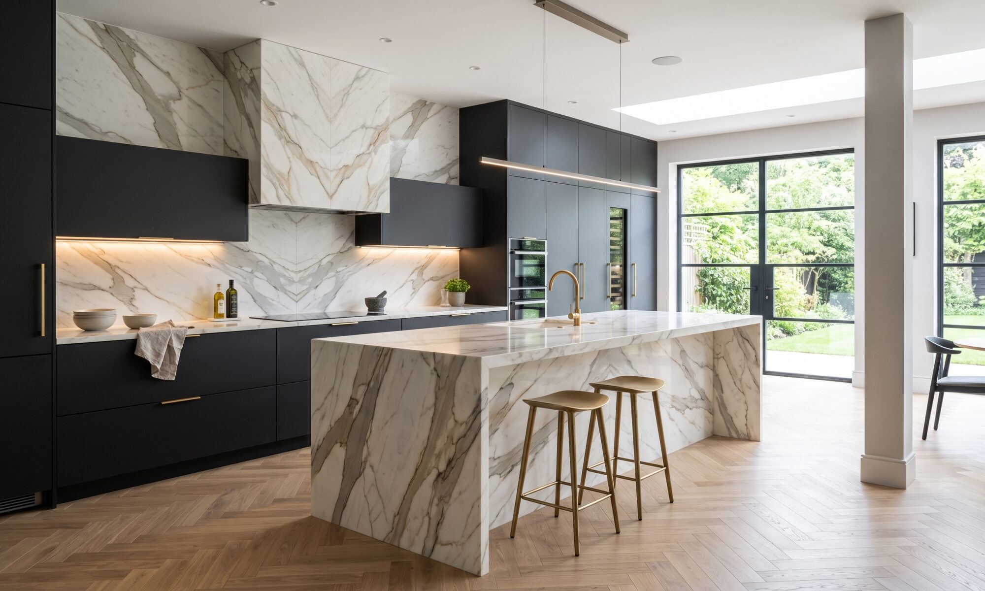 Modern luxury kitchen featuring a bookmatched Calacatta quartzite waterfall island with two brushed brass barstools, matte black cabinetry, matching full-height stone backsplash, light herringbone wood floors, and large black steel-framed windows overlooking a lush garden.