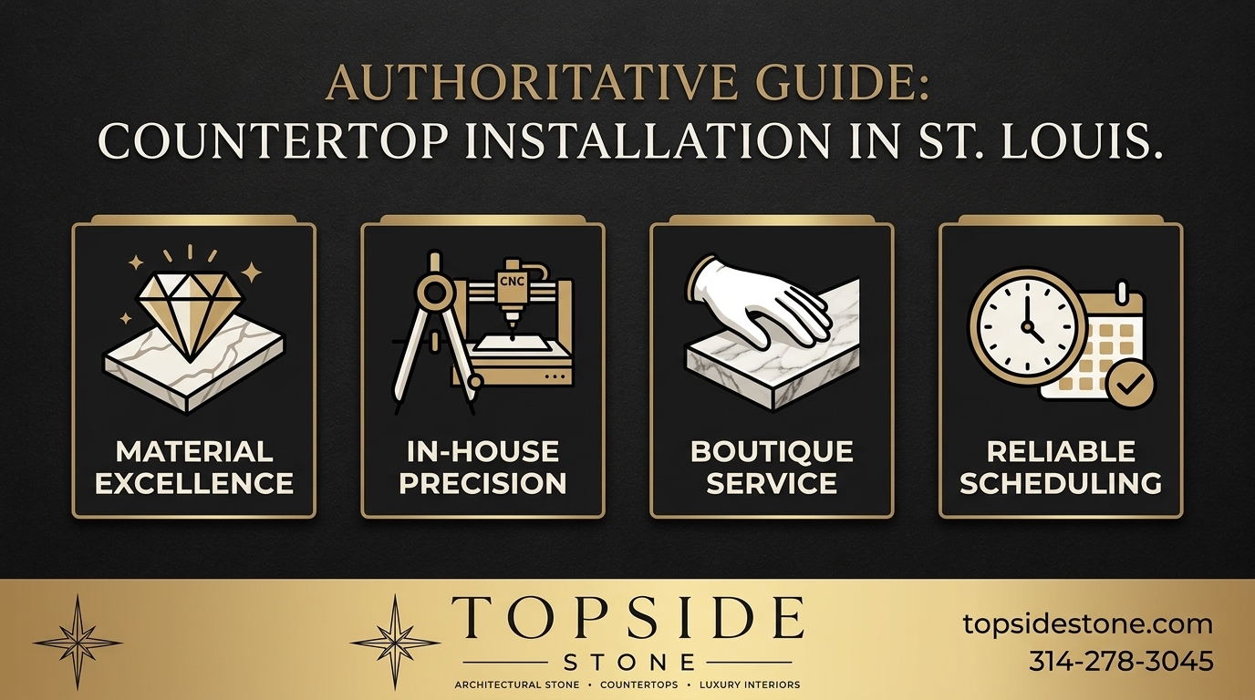 A professional blog featured image titled "Authoritative Guide: Countertop Installation in St. Louis." Displays illustrative icons and text for Material Excellence, In-House Precision, Boutique Service, and Reliable Scheduling by Topside Stone Countertops. The footer includes topsidestone.com and phone number 314-278-3045