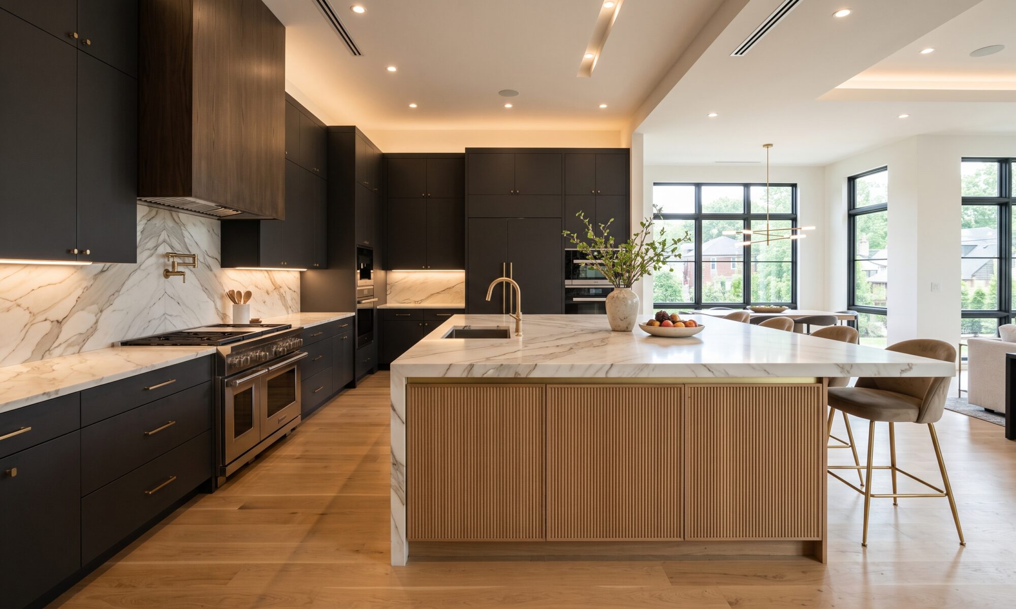 Luxury natural quartzite countertop installation featuring a mitered waterfall island and full-height slab backsplash by Topside Stone in St. Louis, MO.